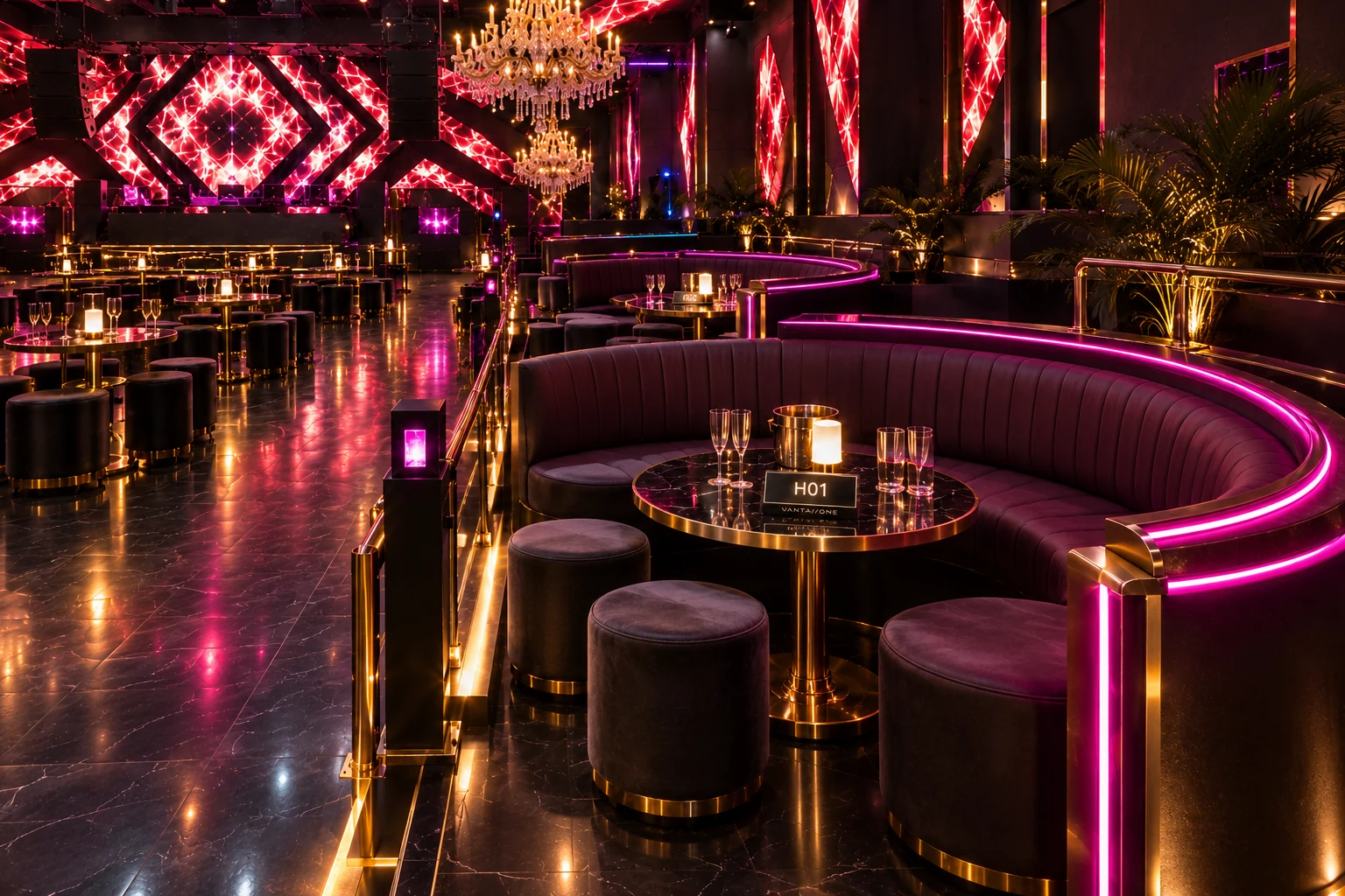 Halo VIP: magenta-lit curved leather booth in Vanta One